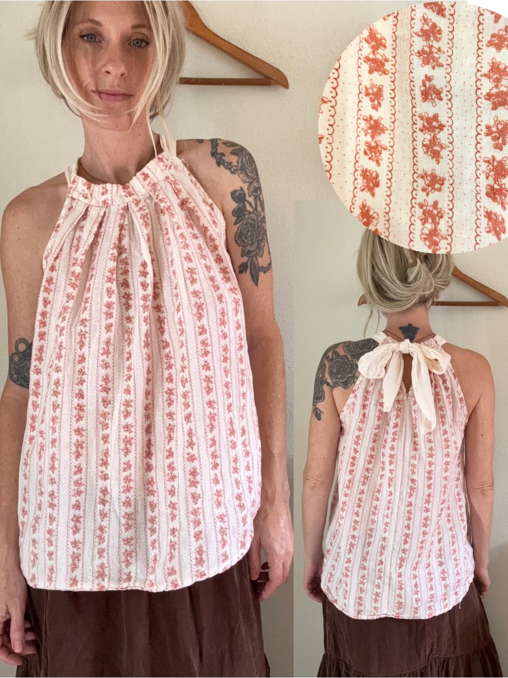 Bellambia Linen Halter Top S Cottage Boho Bow French Country Pleats Floral Airy